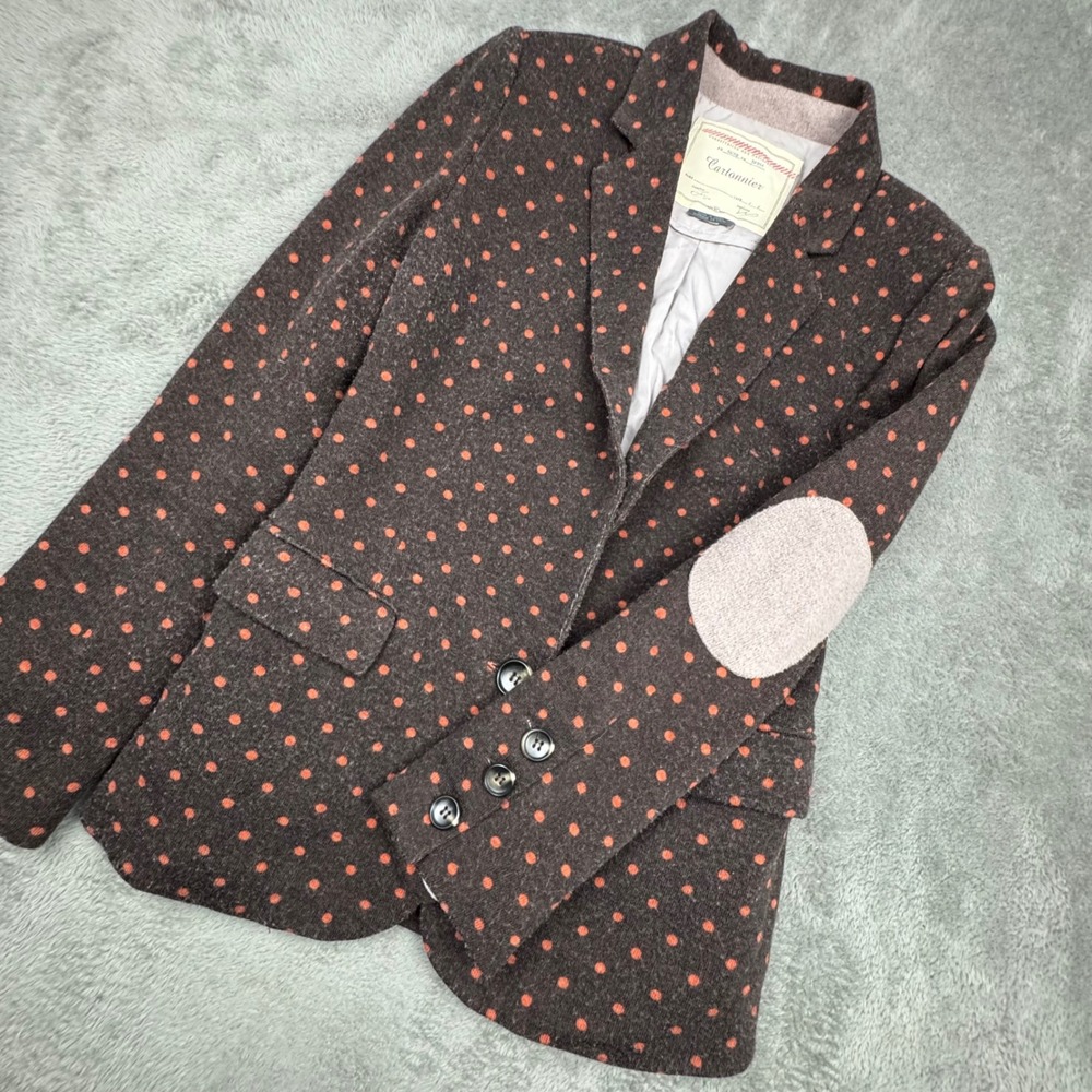 Cartonnier Blazer Womens XS Brown Orange Polka Dot Elbow Patch Excellent Preppy